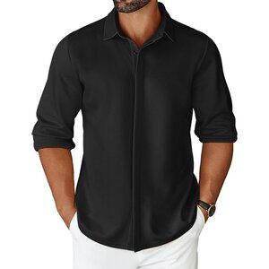 Mens Black Long Sleeve Wrinkle Free Shirt Casual Button Down Shirt Dress